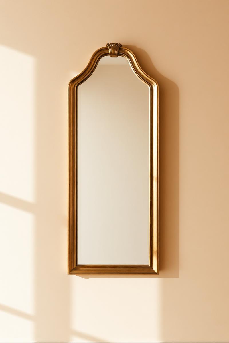 Brass-framed arch mirror hanging on a warm plaster wall