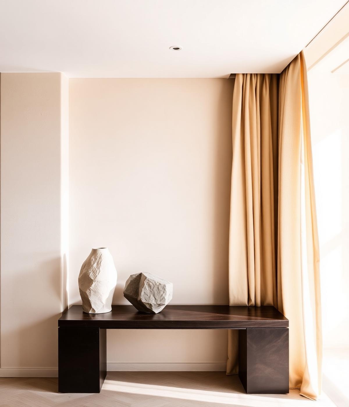 Stone objects arranged on a dark console in a sunlit room