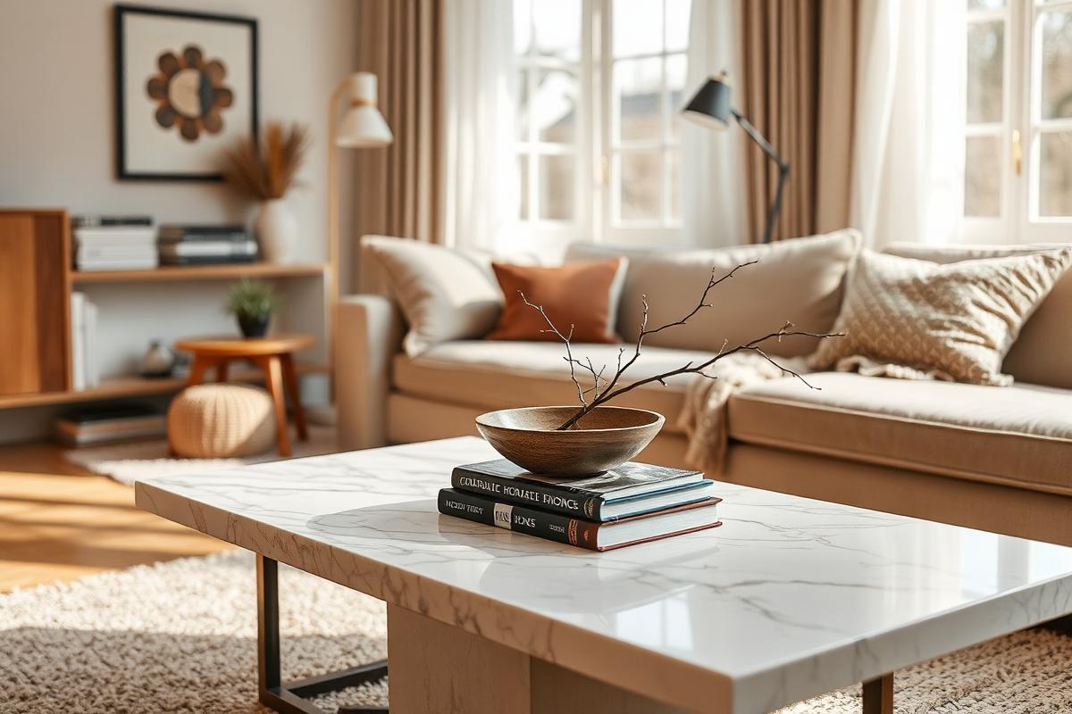 Marble coffee table styled with books, a wooden bowl and a branch