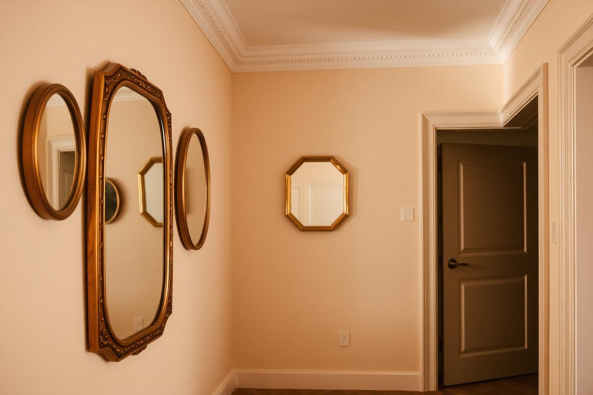 Grouped antique mirrors arranged on a hallway wall