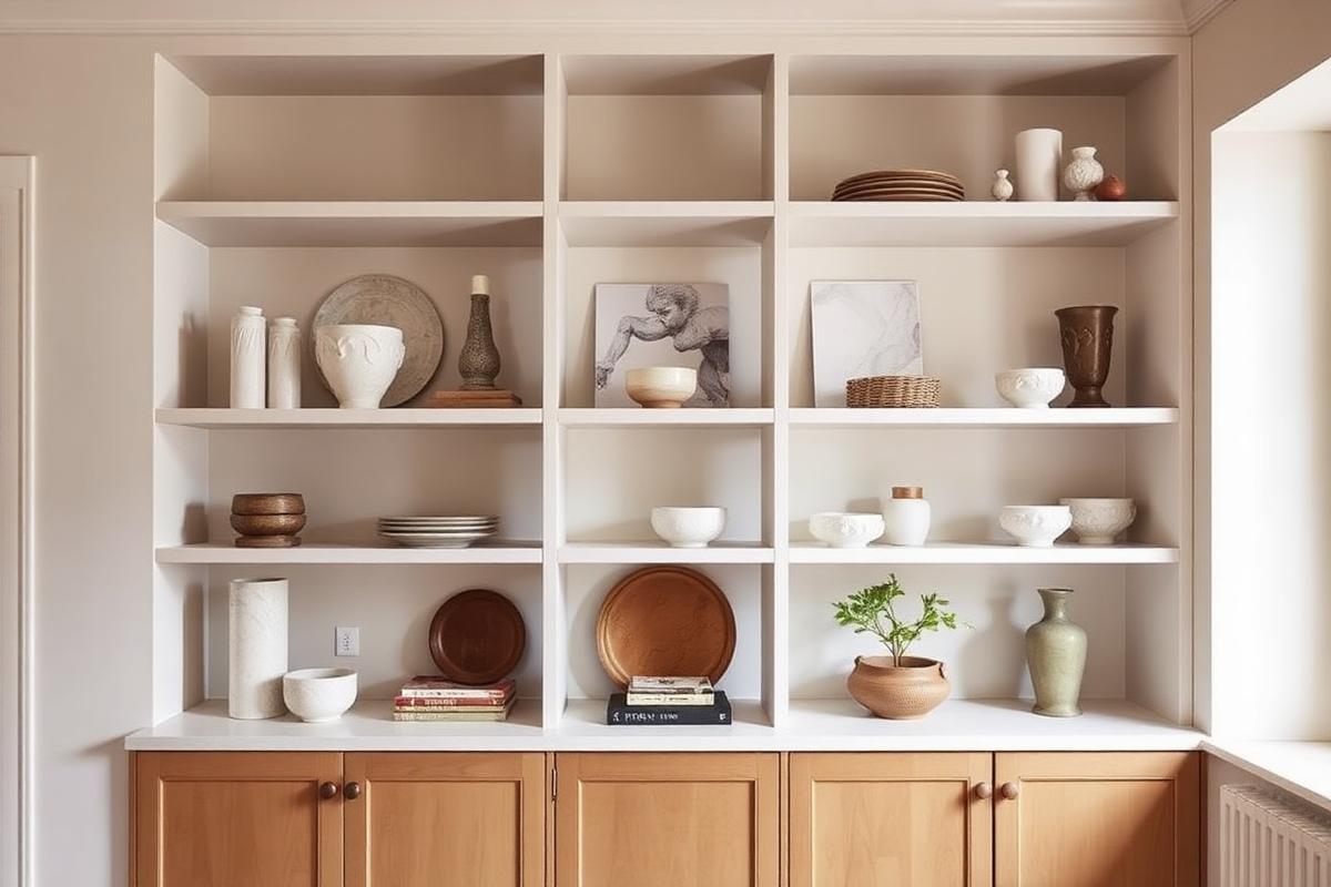 Open shelving styled with ceramics, stone vessels and framed art