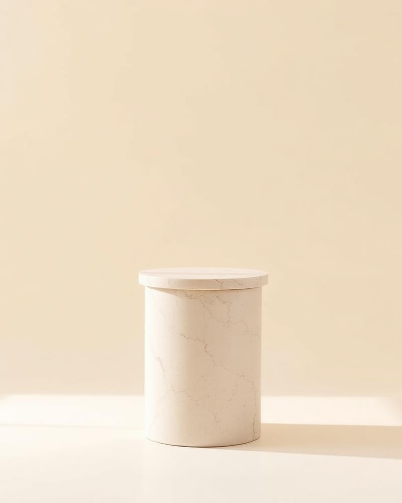 Caldera cylindrical travertine side table on a warm neutral background