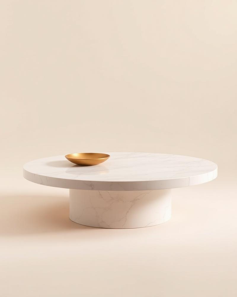 Carrara round white marble coffee table on a warm neutral background