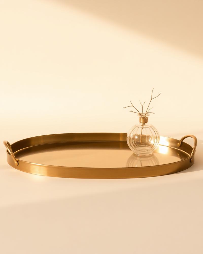 Cosmos oval decorative brass tray with a small glass vessel