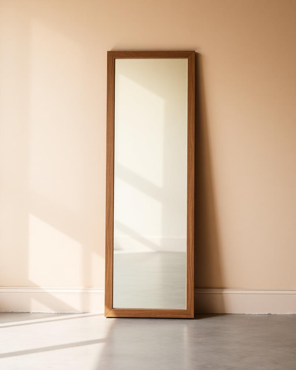 Isola full length oak floor mirror leaning against a pale wall