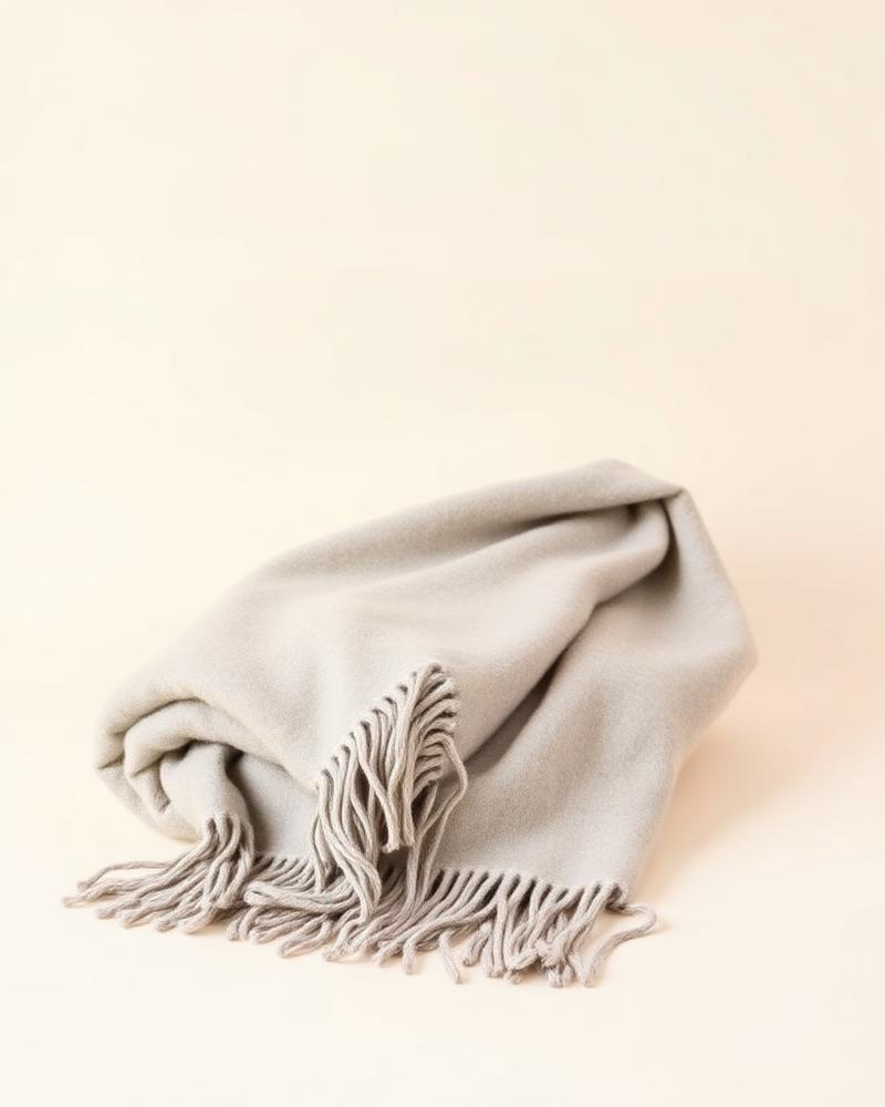 Neige pale grey cashmere throw blanket, folded with fringed edge