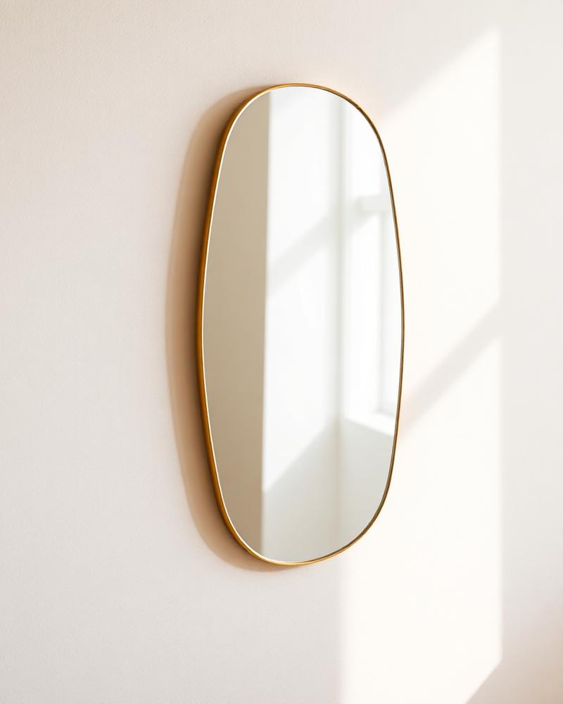 Ondine sculptural wall mirror with a slim brass frame on a warm plaster wall